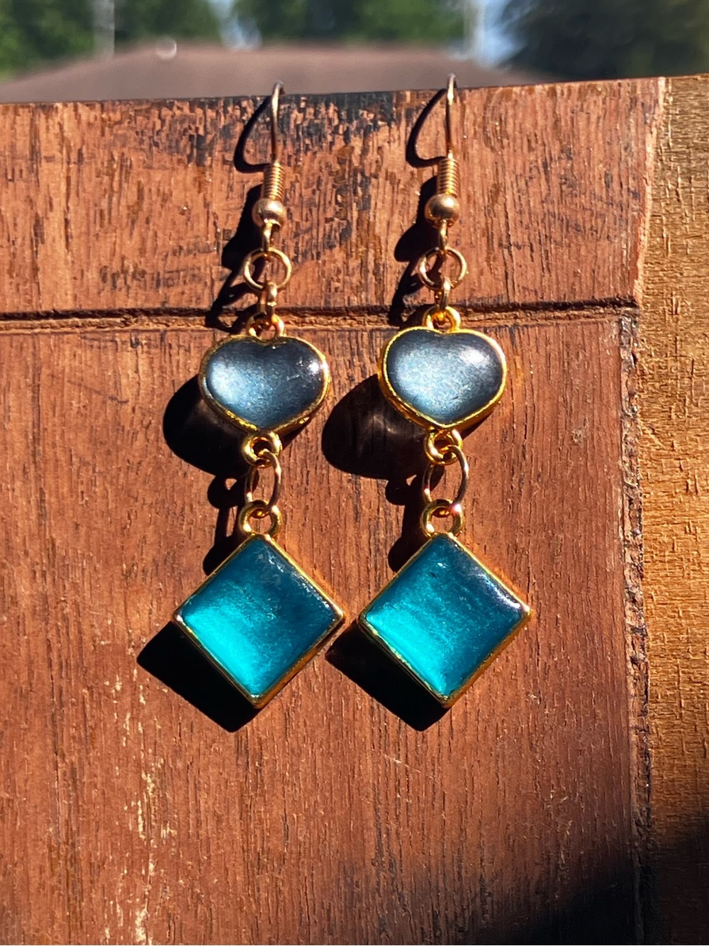 Teal and Silver heart dangle earrings with gold accent - Picture 6 of 8